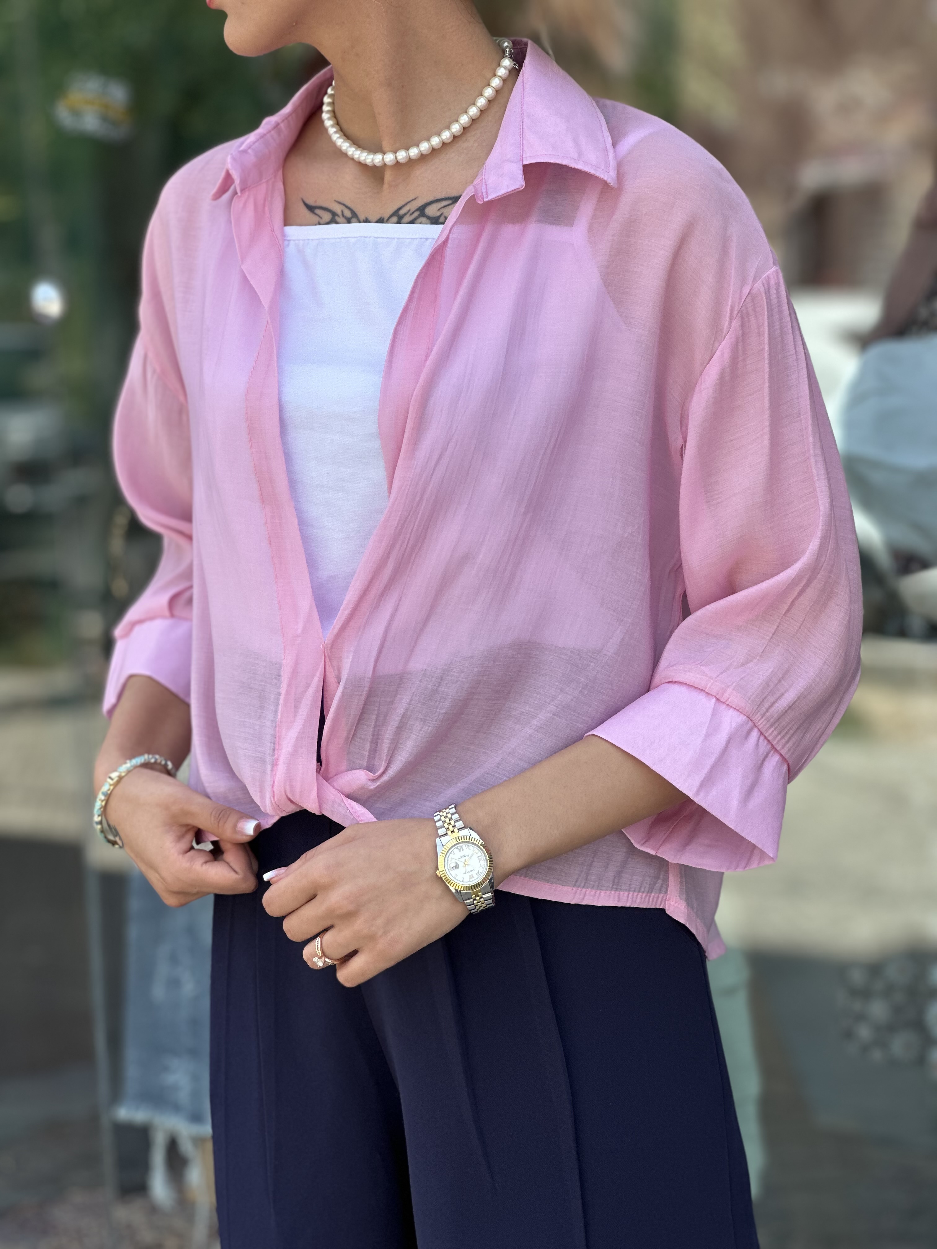 شومیز شیشه ای زنانه کراپی گره ثابت
